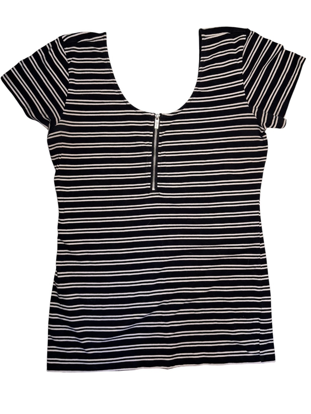 Striped Black & White Scoop Neck Zip-Front Women's Top